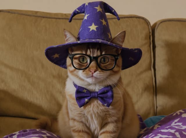 Cat with wizard costume before object removal.