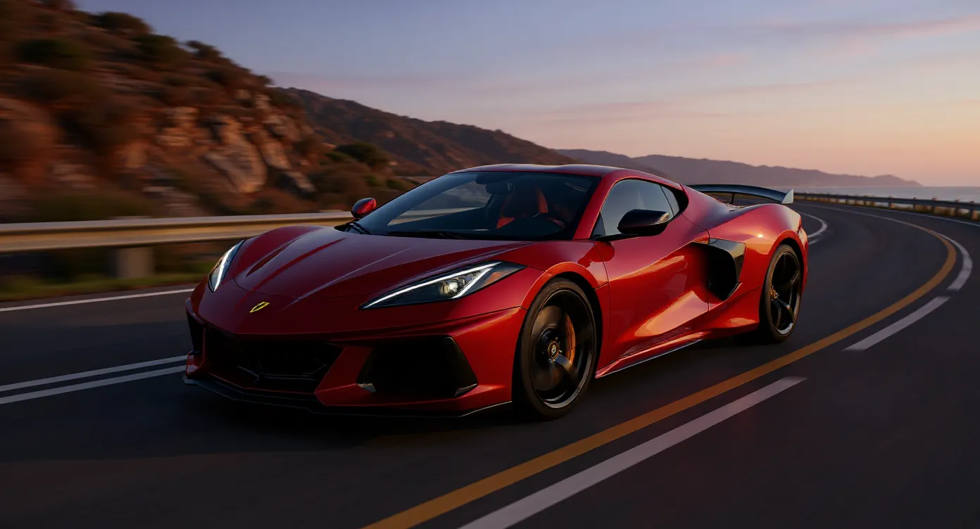 The same red sports car with its background replaced to a scenic highway.