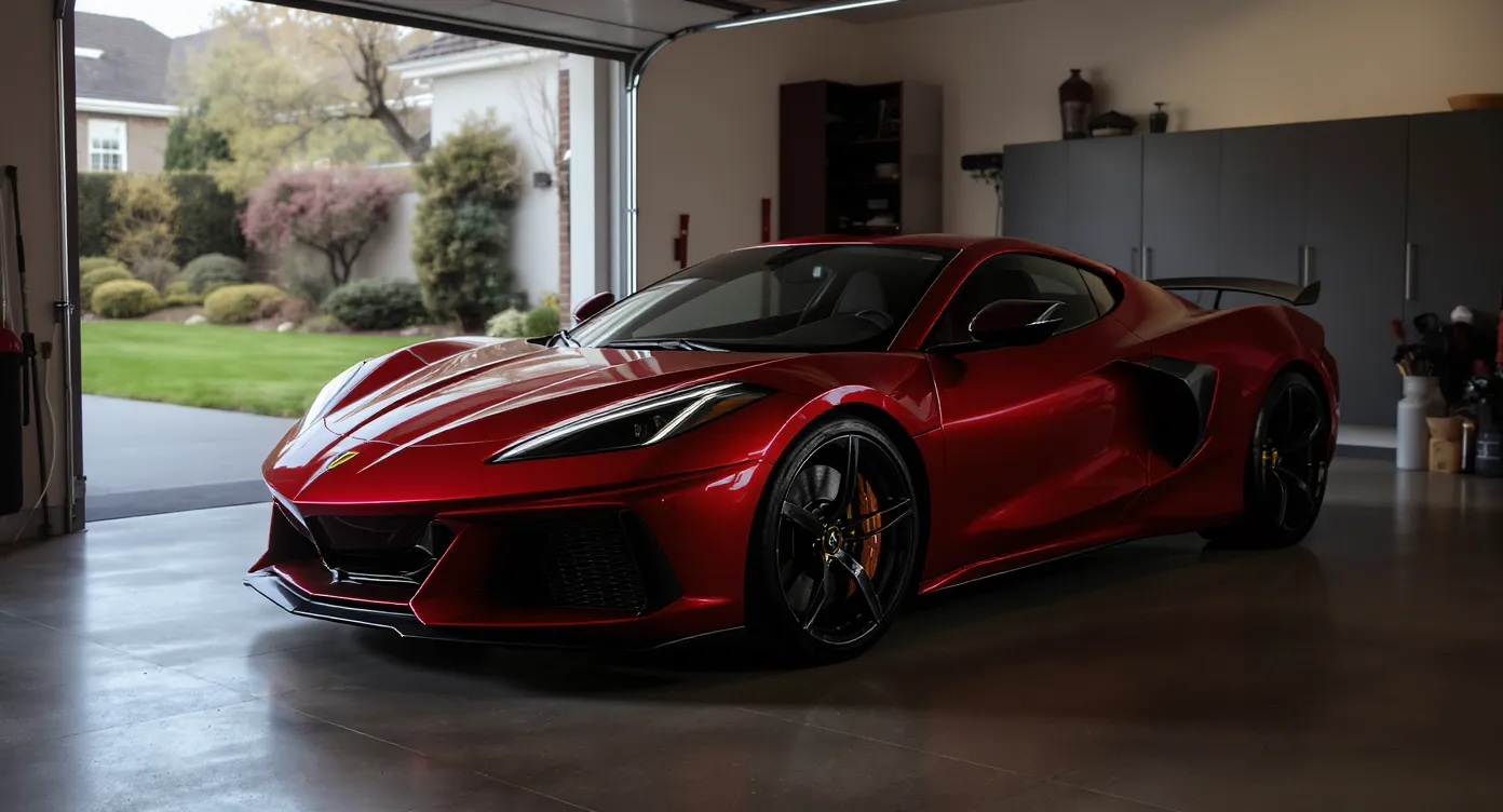 A red sports car in a garage, before background replacement.