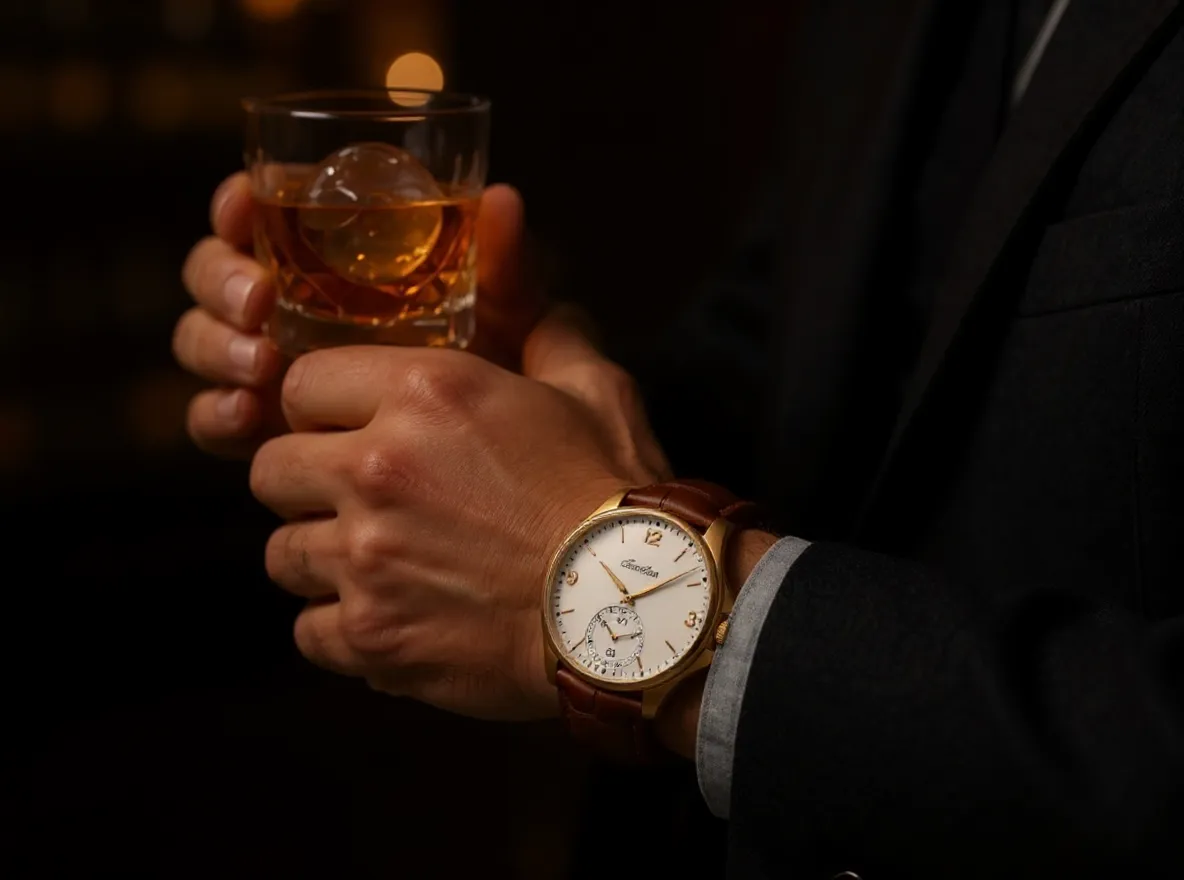 Hands holding a glass with a watch, before object removal.