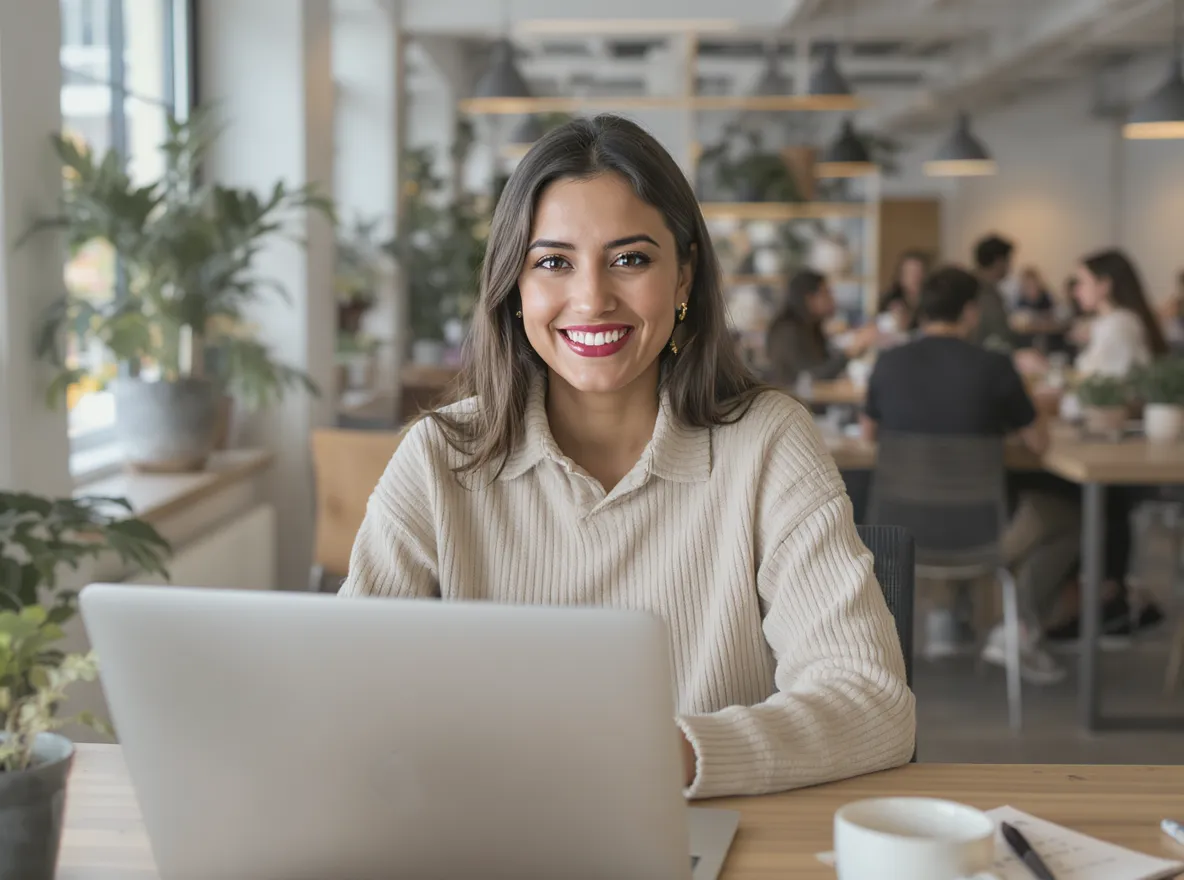 A woman in an office setting, before background replacement.