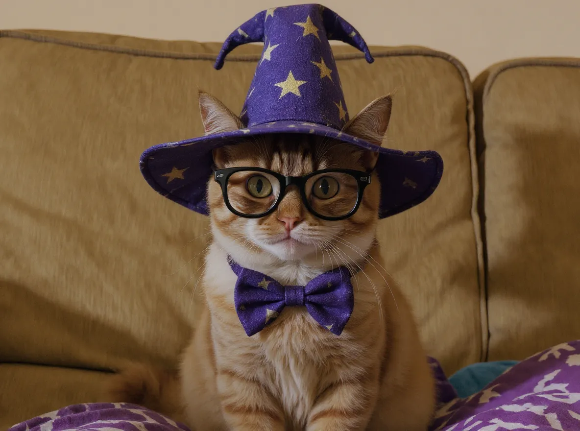 Cat with wizard costume before object removal.