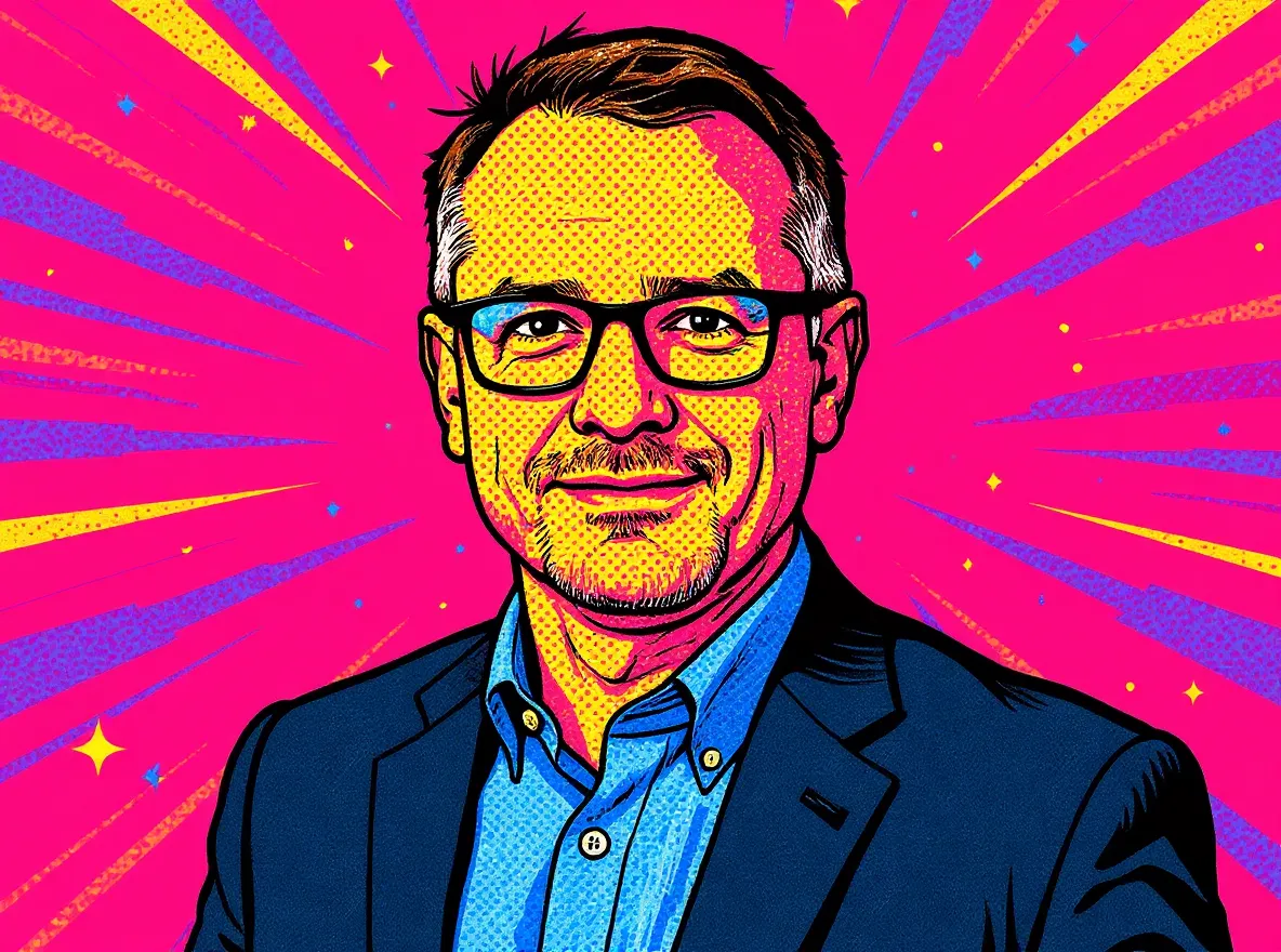 A real photo of a middle-aged man is transformed into a pop art style cartoon.