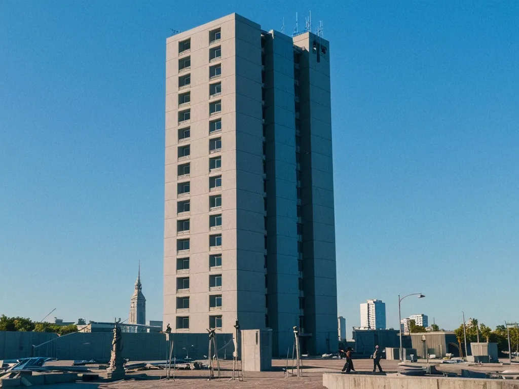A black and white architectural photo is colorized and clarified.